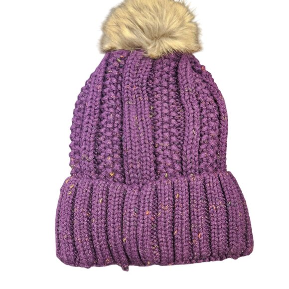 C.C. Purple Knit Beanie Faux Fur Pom Confetti Speckled Yarn Fleeced lined - Picture 2 of 2